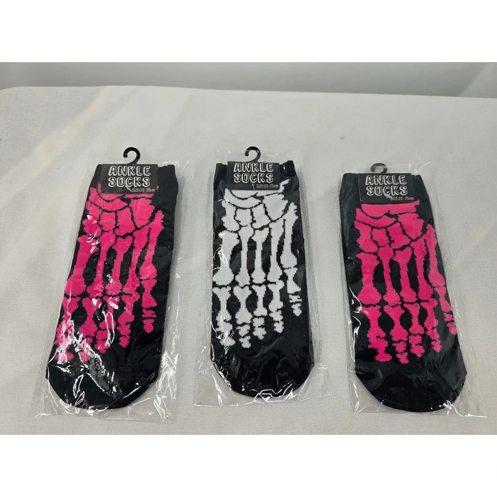 3 Pairs Skeleton Bone Ankle Socks Pink White Black Goth Halloween Unisex 23-25cm